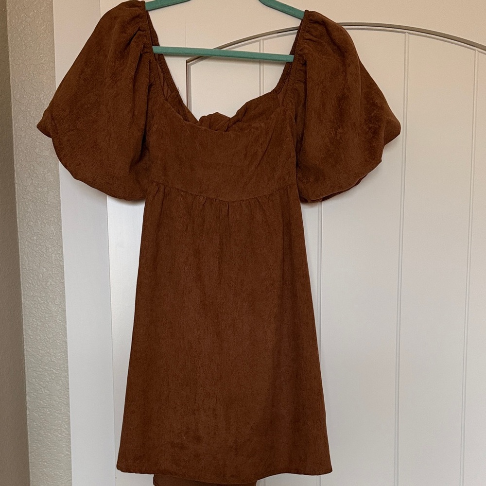 Elegant Brown Puff Sleeve Mini Dress
